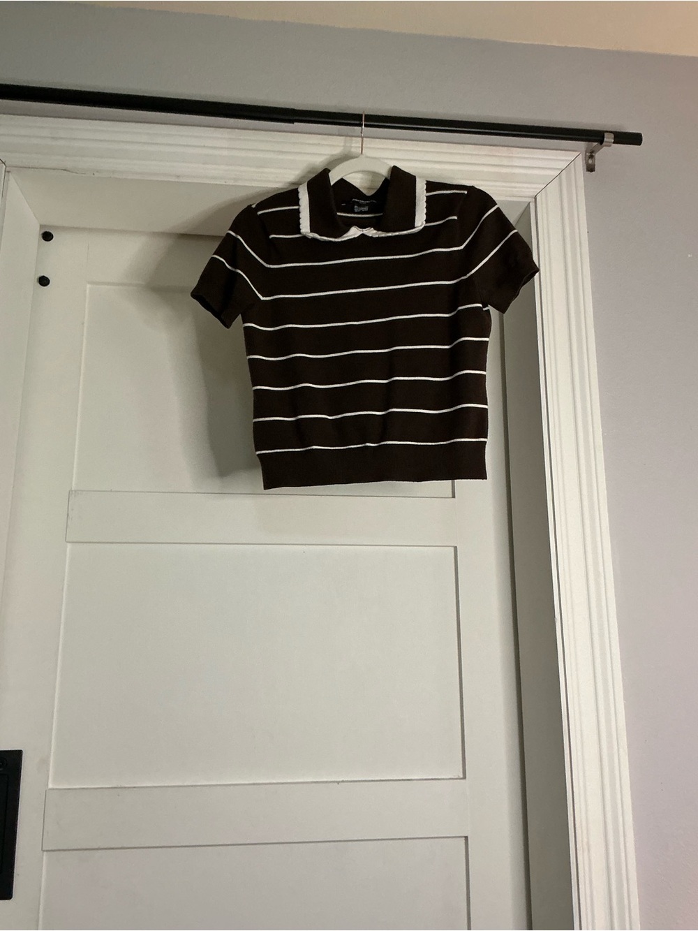 French Connection Brown and White Striped Short-Sleeve Polo Sweater